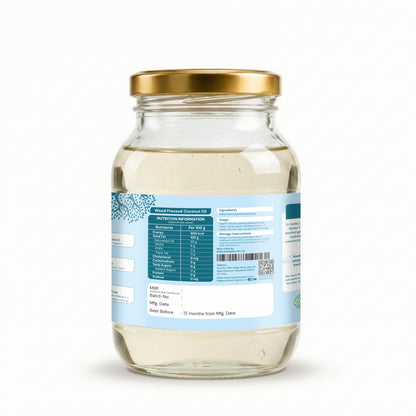 A glass jar of coconut oil with a gold metal lid and a light blue and white label showing nutritional information, photographed on a clean white background.

koski organics