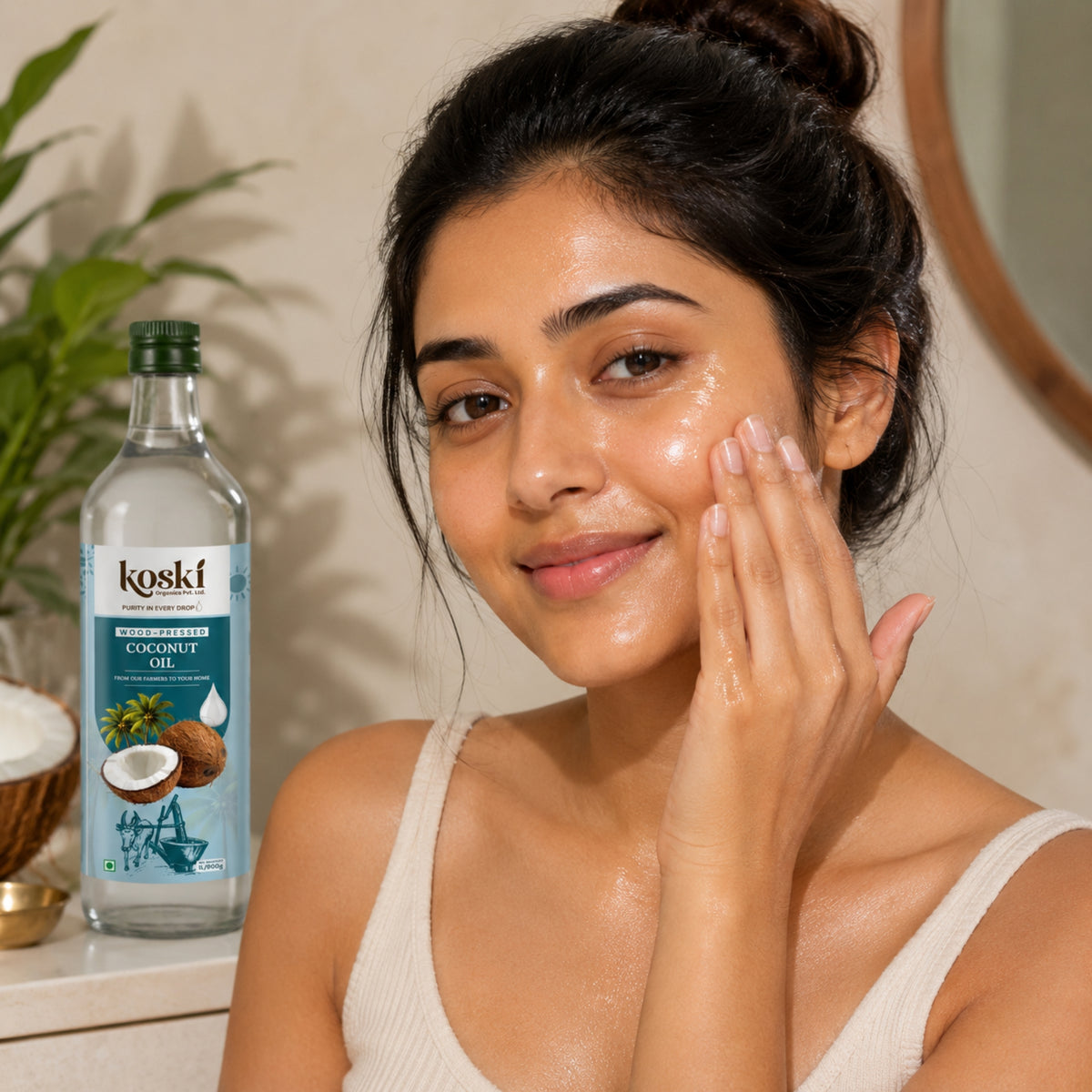 A woman with glowing skin applies coconut oil to her face while standing next to a bottle of Koski Coconut Oil in a warm bathroom setting