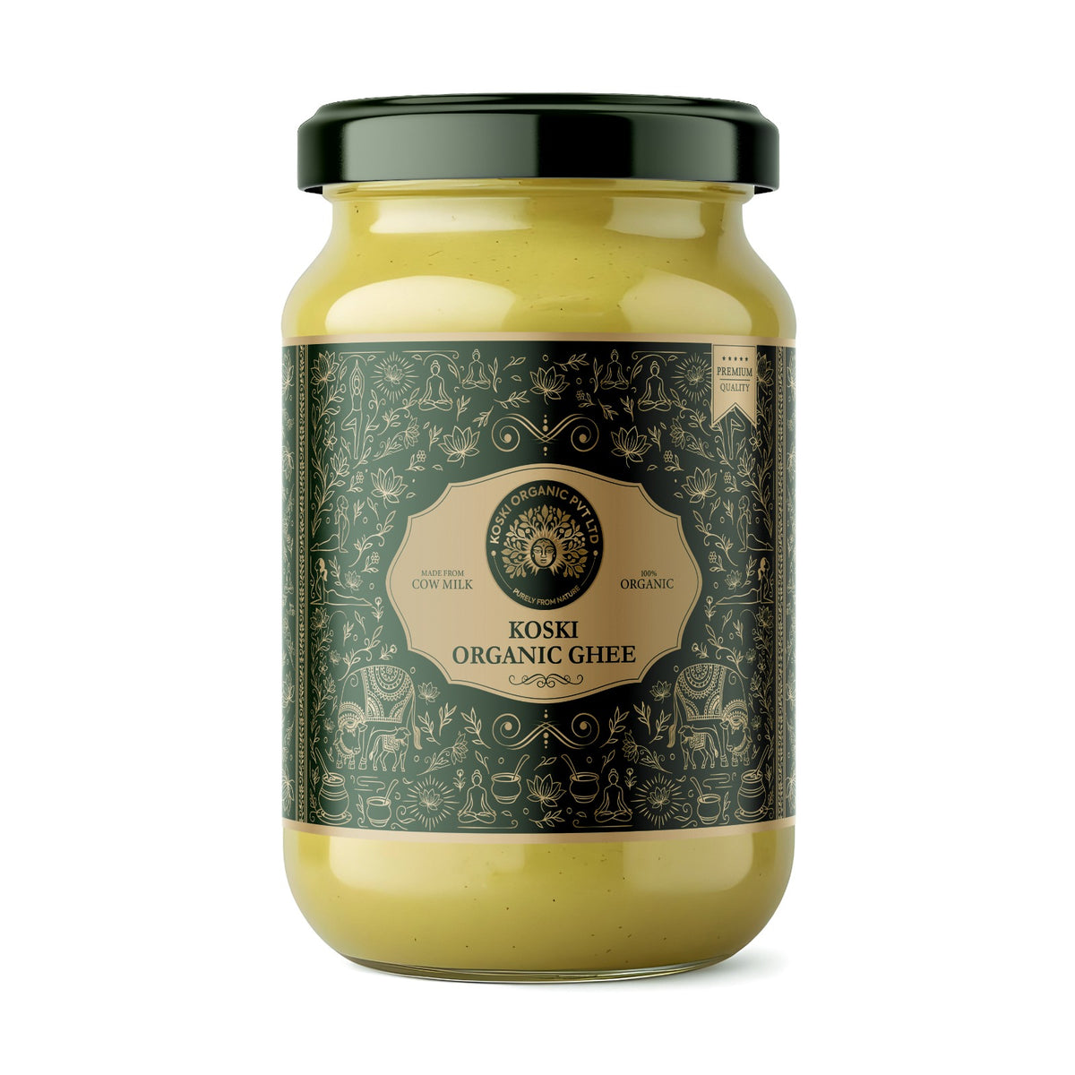 A glass jar of Koski Organics Ghee with a dark green lid and a dark green label featuring intricate illustrations, containing a pale yellow ghee, set against a plain white background.