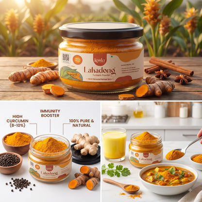 A collage showing a jar of Koski Organics Lakadong turmeric powder with turmeric roots, spices, and prepared dishes. The top panel shows the jar on a wooden surface with turmeric and spices in a warm outdoor setting.