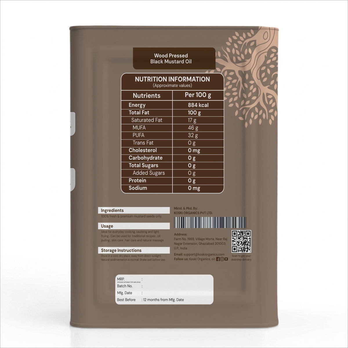 A brown cylindrical canister of black mustard oil with a detailed nutrition label and ingredients list on the back, set against a clean white background.