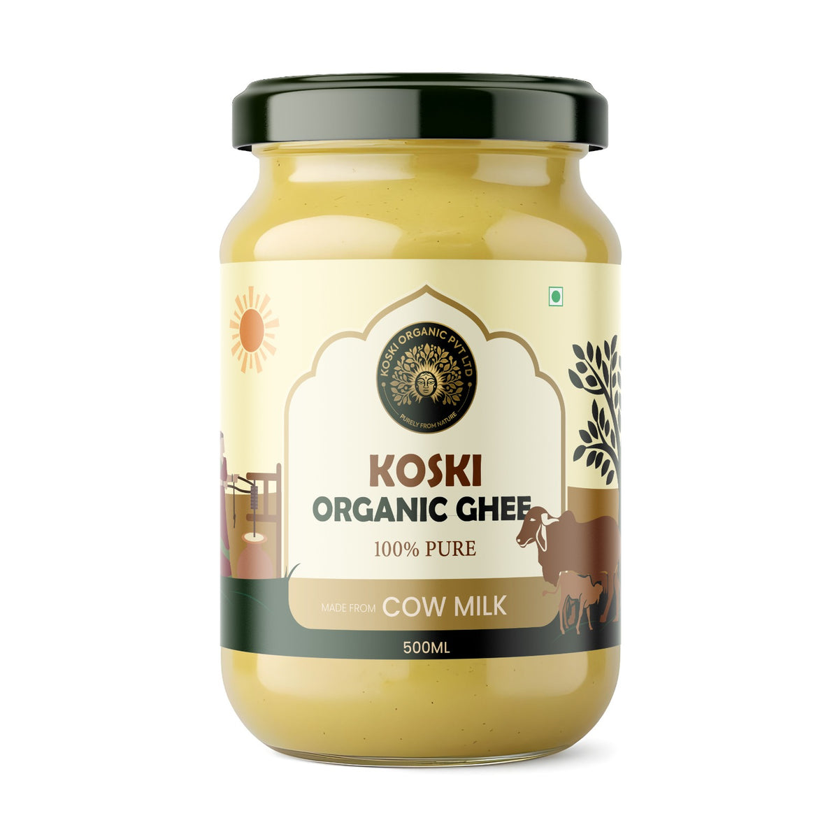 A 500ml glass jar of Koski Organics Ghee on a clean white background. The jar contains pale yellow ghee and is sealed with a dark green lid.

Details