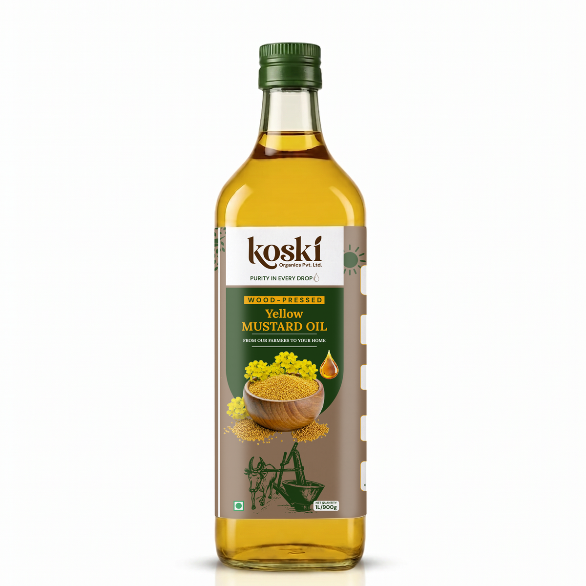 A 1-liter glass bottle of Koski Wood-Friendly Yellow Mustard Oil with a green cap and a brown and green label, set against a plain white background