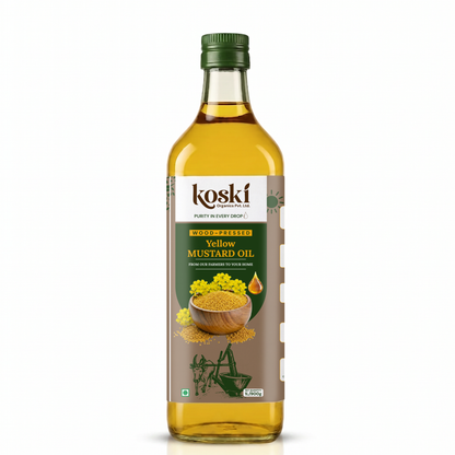 A 1-liter glass bottle of Koski Wood-Friendly Yellow Mustard Oil with a green cap and a brown and green label, set against a plain white background