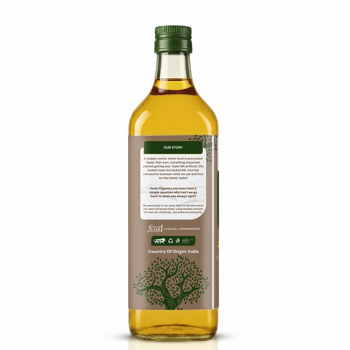 A bottle of golden yellow olive oil with a green cap and a brown label featuring a tree illustration and text, shown on a clean white background.