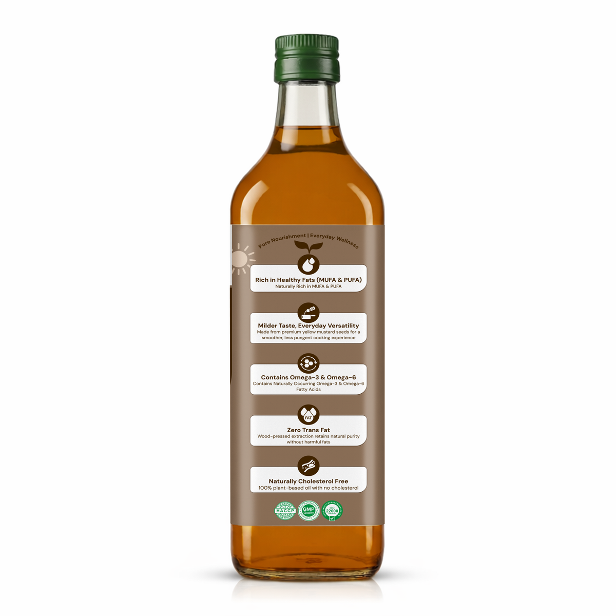 A bottle of Mott & Son Wild Caught Flax Oil with a brown label and green cap, shown on a clean white background