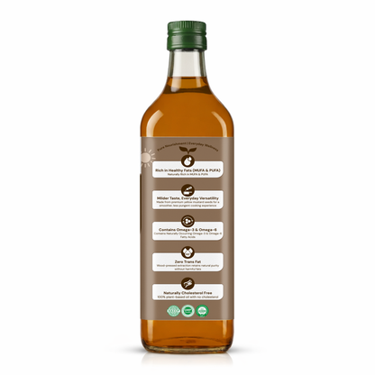 A bottle of Mott & Son Wild Caught Flax Oil with a brown label and green cap, shown on a clean white background