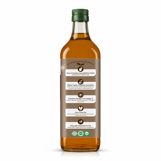 A bottle of Mott & Son Wild Caught Flax Oil with a brown label and green cap, shown on a clean white background