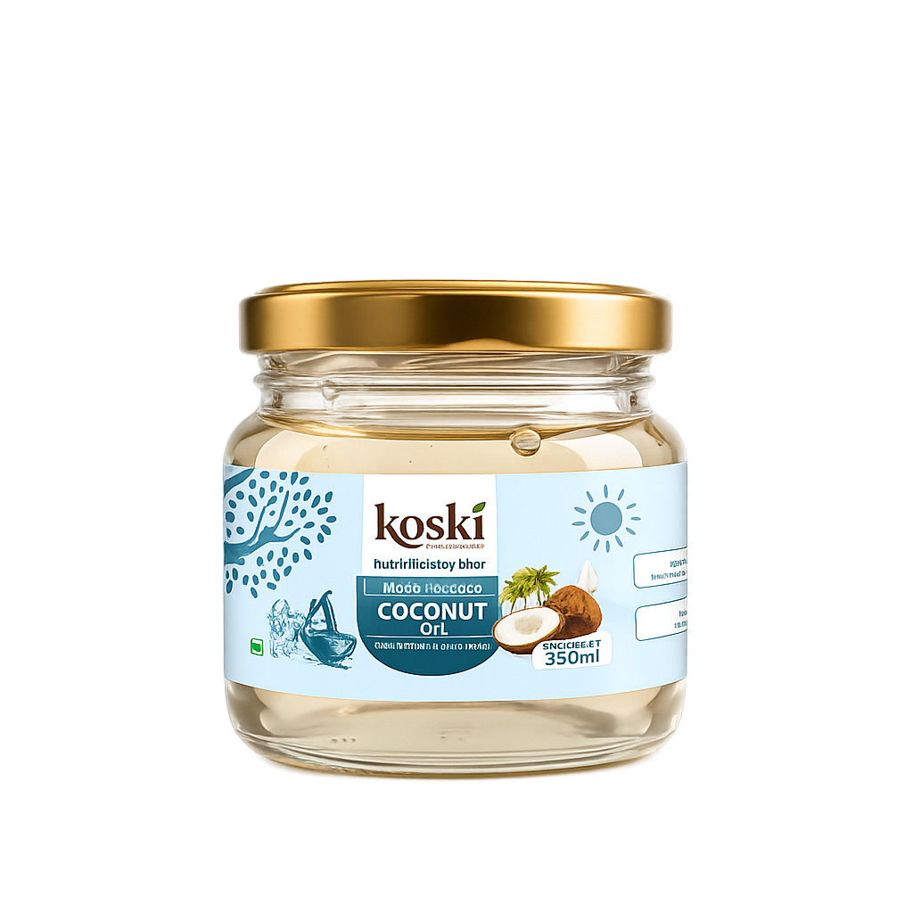A glass jar of Koski Organics Coconut oil with a metallic gold lid and a light blue label, set against a plain white background.