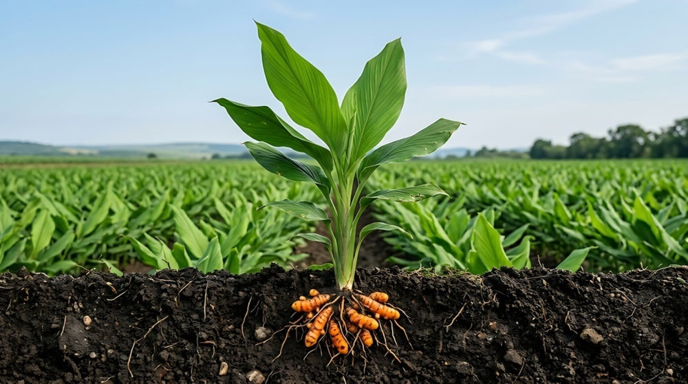 A close-up of a turmeric plant with bright green leaves and orange turmeric roots growing in dark soil, with a blurred field of similar plants and blue sky in the background.