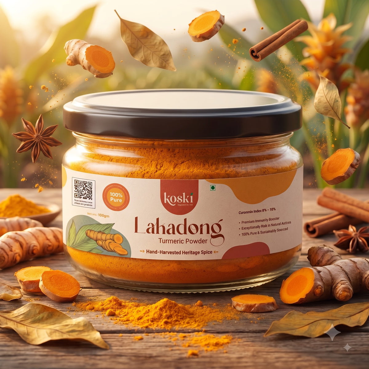 A jar of Koski Lakadong Turmeric Powder sits on a rustic wooden table surrounded by fresh turmeric roots, star anise, cinnamon sticks, and scattered golden turmeric powder, with floating turmeric slices and leaves against a warm, blurred natural background.