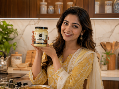 A woman in a yellow traditional outfit holds up a jar of 'Koski Organics Deshi cow Ghee in a warm, modern kitchen setting.