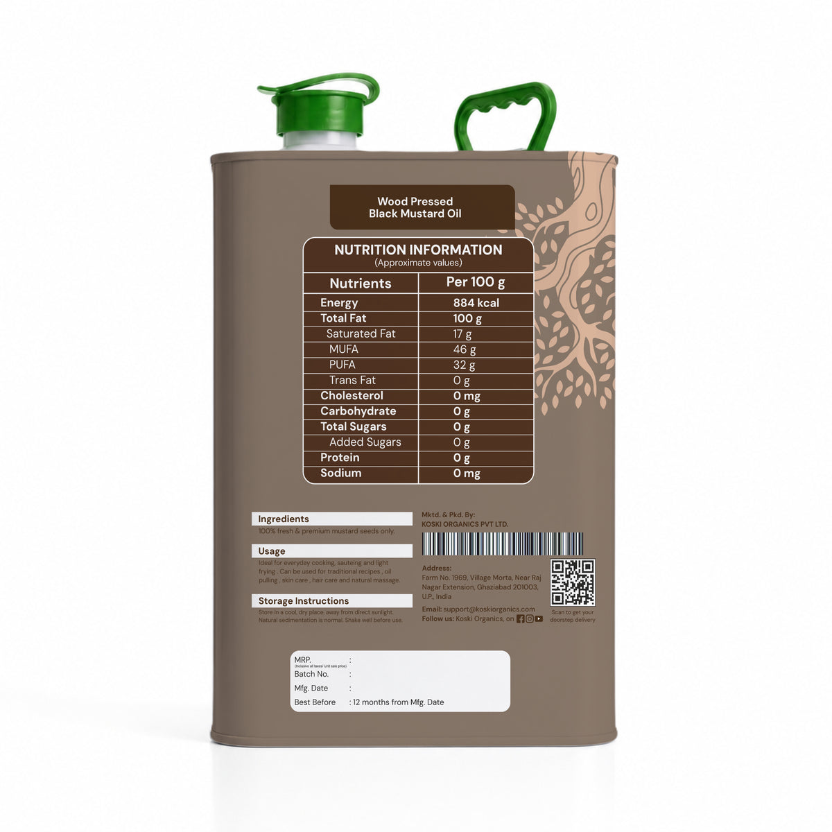 A 10-liter metal canister of Wood Pressed Black Mustard Oil, showing the back label with nutritional information, ingredients, and storage instructions, complete with a green spout cap and carry handle.