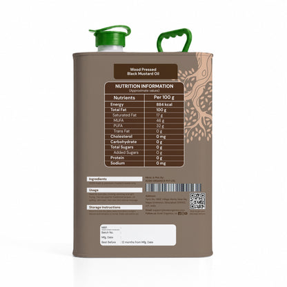 A 10-liter metal canister of Wood Pressed Black Mustard Oil, showing the back label with nutritional information, ingredients, and storage instructions, complete with a green spout cap and carry handle.