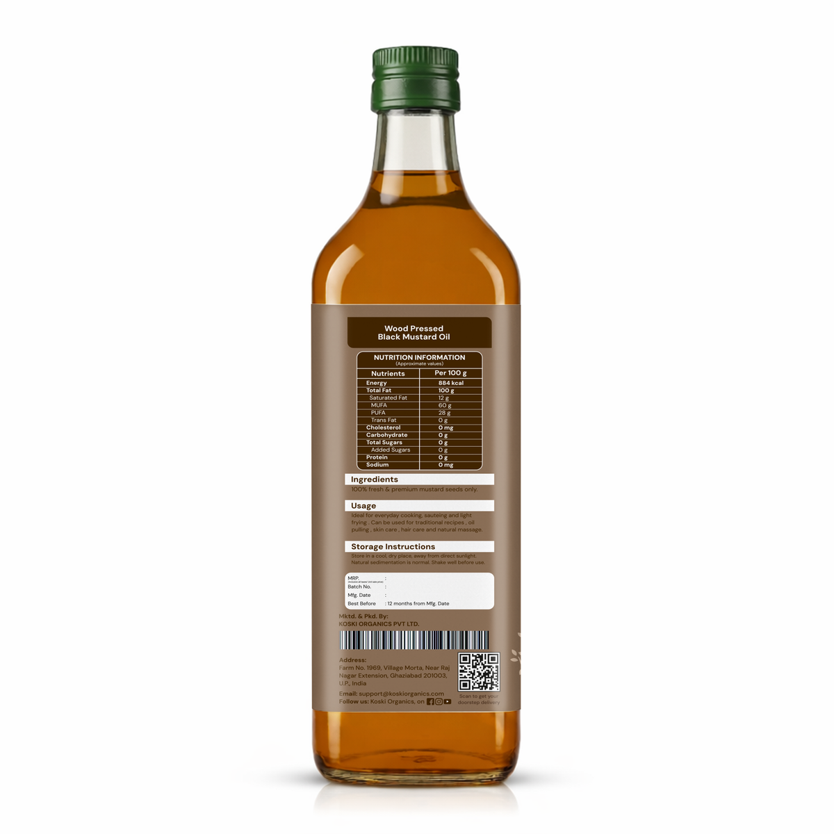 The back of a clear glass bottle of natural pressed olive oil, showing the brown label with nutritional information, ingredients, and a barcode, sealed with a green cap, on a white background.
