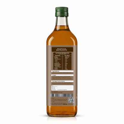The back of a clear glass bottle of natural pressed olive oil, showing the brown label with nutritional information, ingredients, and a barcode, sealed with a green cap, on a white background.
