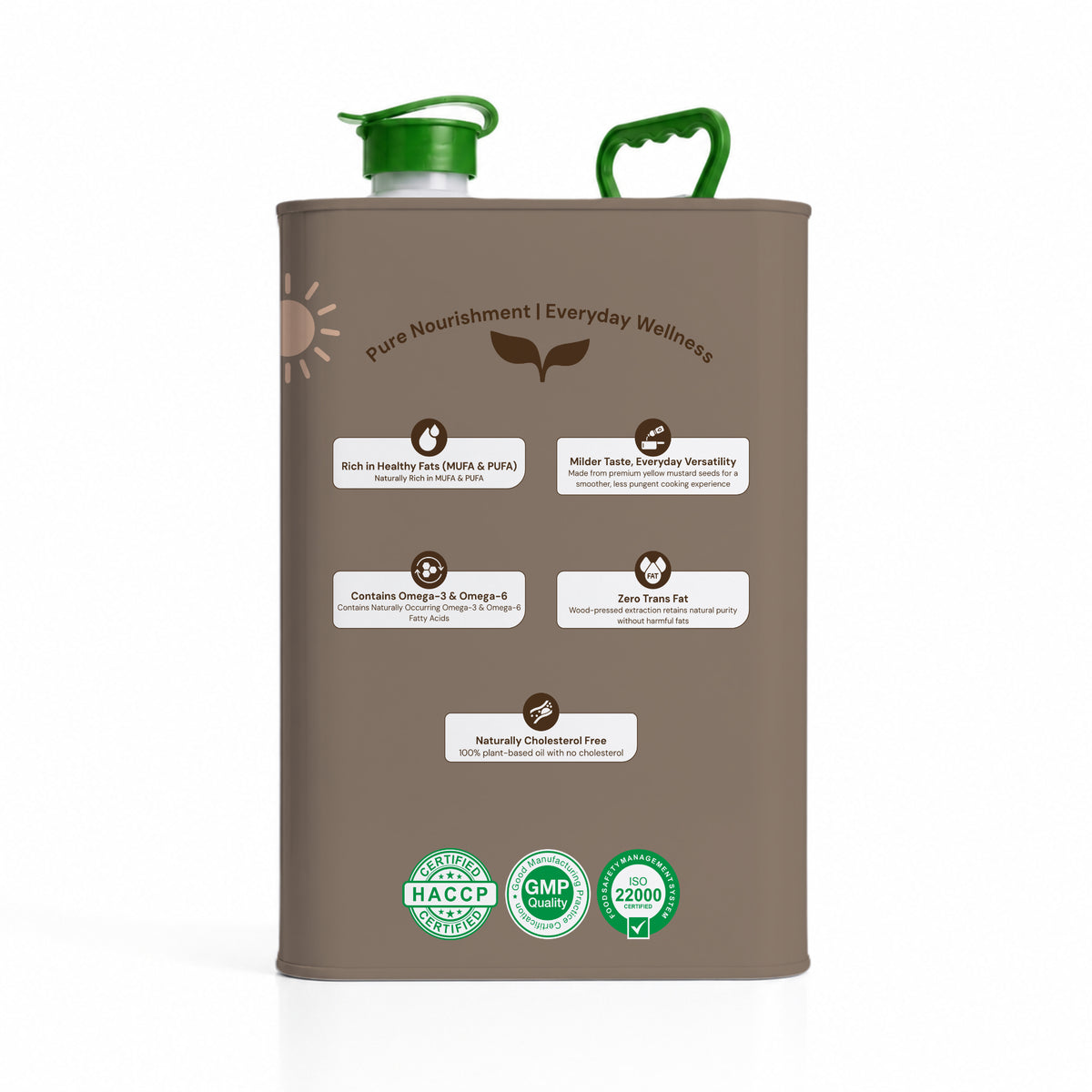 A matte taupe-brown metal canister of Pure Nourishment Everyday Wellness oil with green cap and handle, featuring product details and certification logos on the front, set against a plain white background.