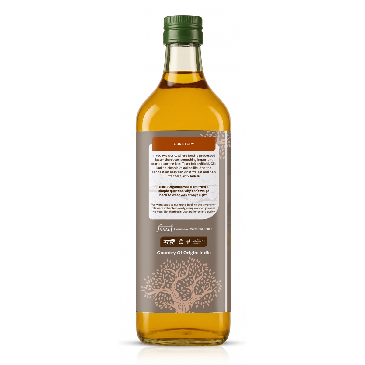 A glass bottle of golden yellow oil with a dark green cap and a brown label, shown from the back on a white background.