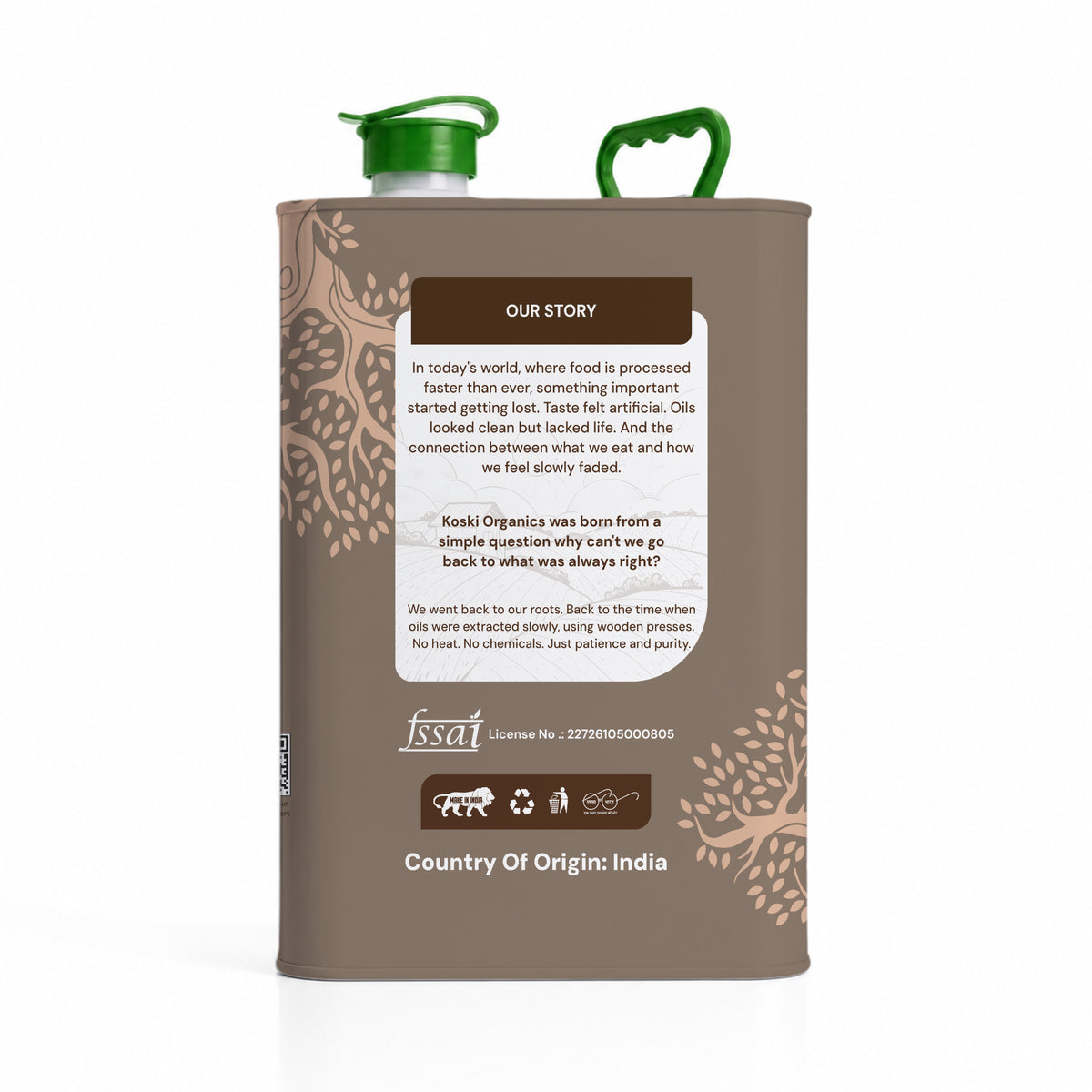 A tall rectangular canister of Koali Organics Coconut Oil with a brown body, green flip-top lid, and green handle, shown on a white background with a soft shadow.