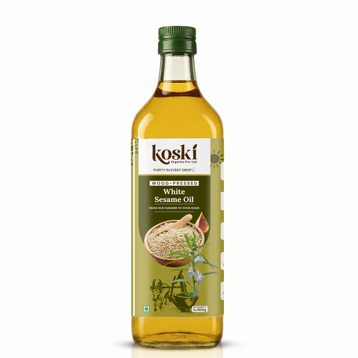 A 900ml bottle of Koski White Sesame Oil on a clean white background. The clear glass bottle shows the golden-yellow oil inside, topped with a dark green cap and featuring a white and green label with illustrations of sesame seeds and herbs