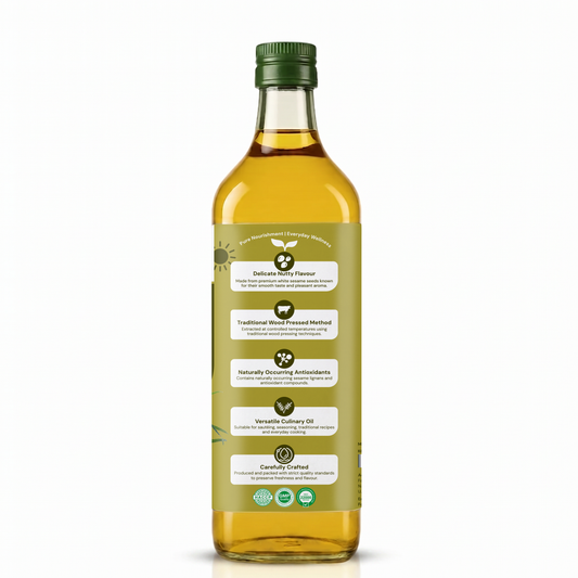 A bottle of vegetable sunflower oil with a green cap and a light olive-green label featuring white text boxes, set against a plain white background.
