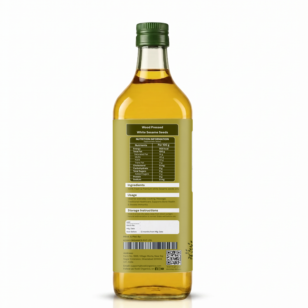 A bottle of white sesame seed oil shown from the back, featuring a dark green cap, golden-yellow oil inside, and a detailed product label with nutritional information, ingredients, and storage instructions.