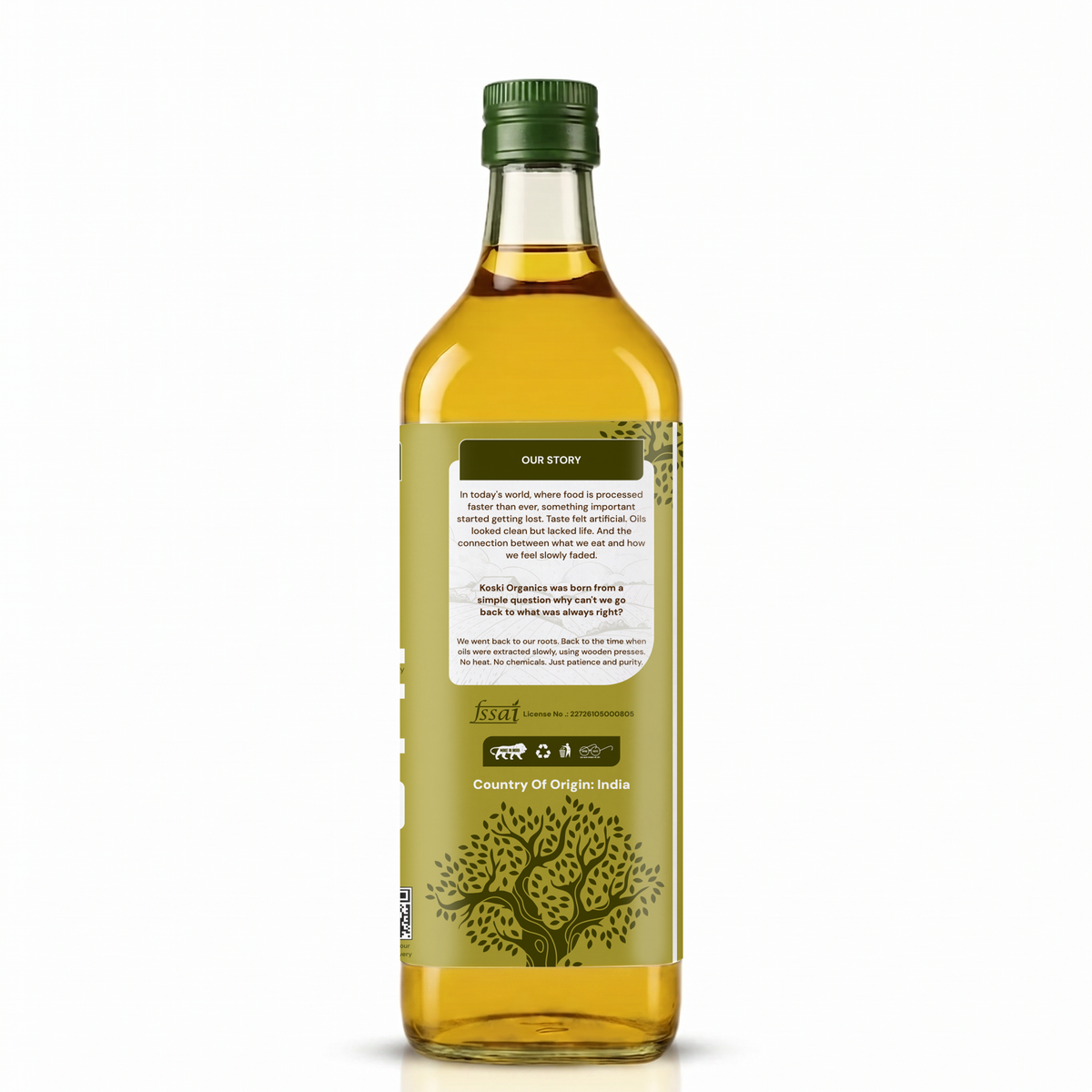 A bottle of First Foods organic extra virgin olive oil, showing the back of the label with product details, set against a plain white background.

Details