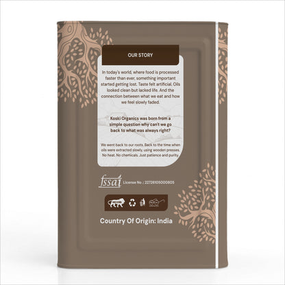 A brown stand-up pouch package for Koski Organics, featuring a white central text panel with 'OUR STORY' and 'Country Of Origin: India', plus decorative brown floral corner patterns and an FSSAI logo near the bottom.