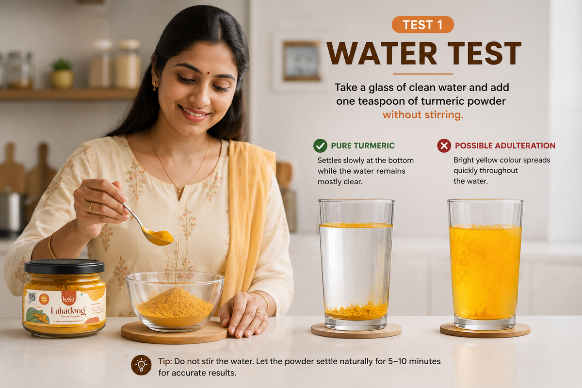 A woman in a cream kurta holds a spoon of yellow turmeric powder next to a glass bowl of powder and two glasses of water on a kitchen counter, with text explaining the water test for authentic turmeric.