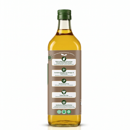 A bottle of yellow oil with a brown label and green cap, shown on a clean white background. The label features green and white text highlighting key ingredients and health benefits.
