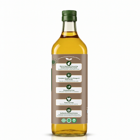 A bottle of yellow oil with a brown label and green cap, shown on a clean white background. The label features green and white text highlighting key ingredients and health benefits.
