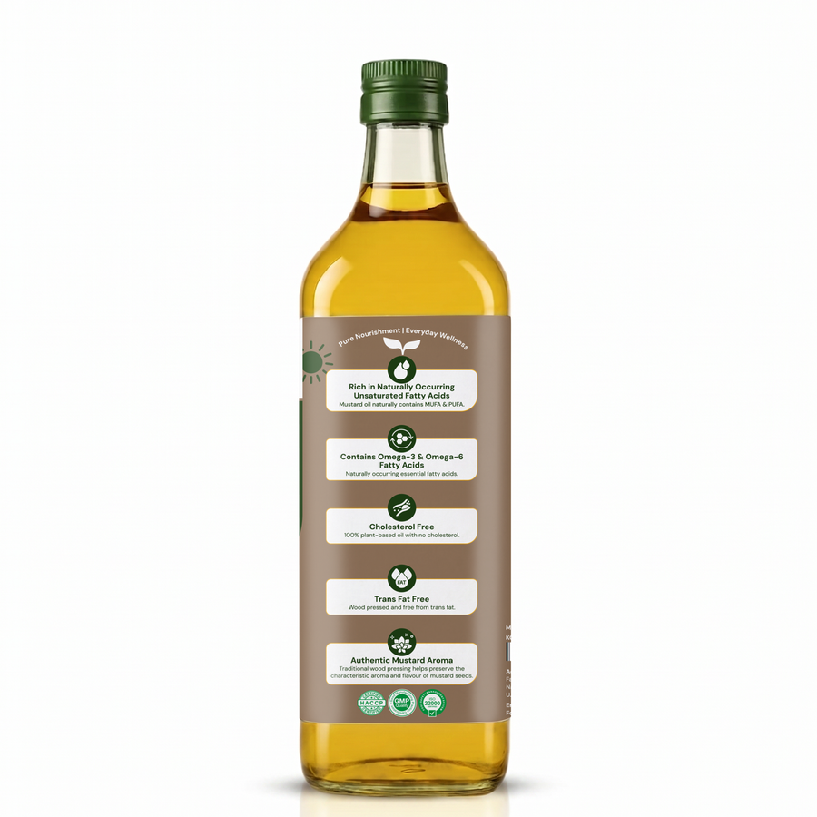 A bottle of yellow oil with a brown label and green cap, shown on a clean white background. The label features green and white text highlighting key ingredients and health benefits.