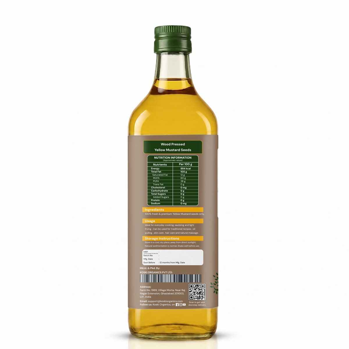 Back view of a 500ml glass bottle of Yellow Muskmel Oil with a brown label showing nutritional facts and ingredients, topped with a green cap, on a white background.